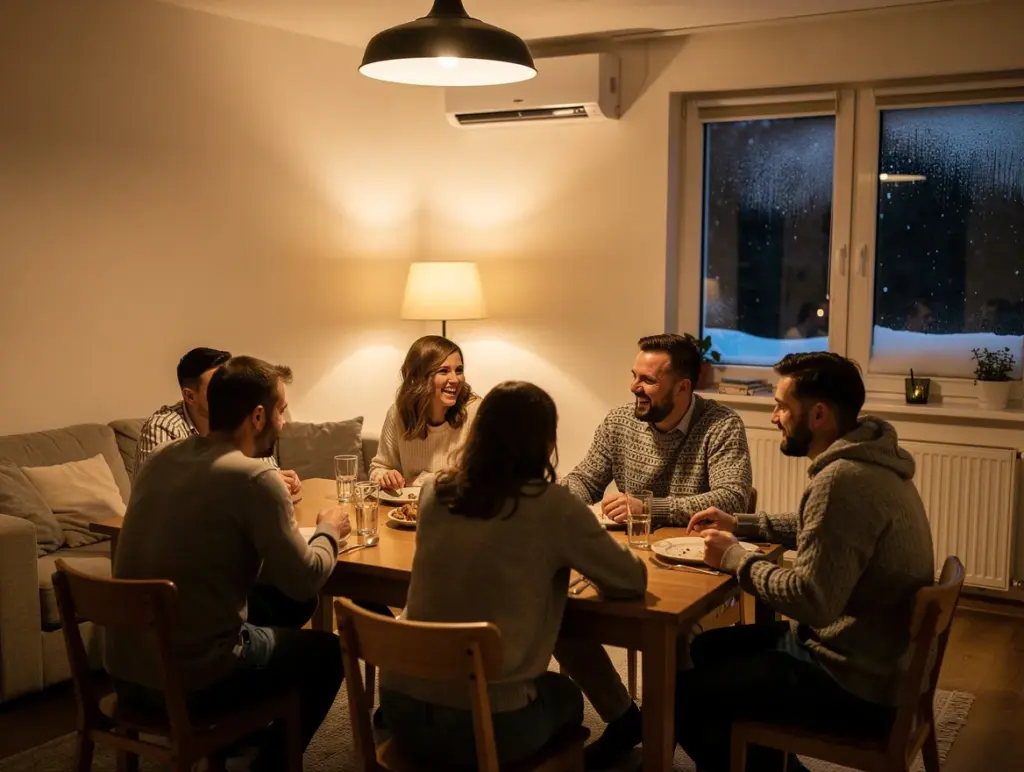 אירוח משפחתי גדול בבית מחומם בערב חורפי